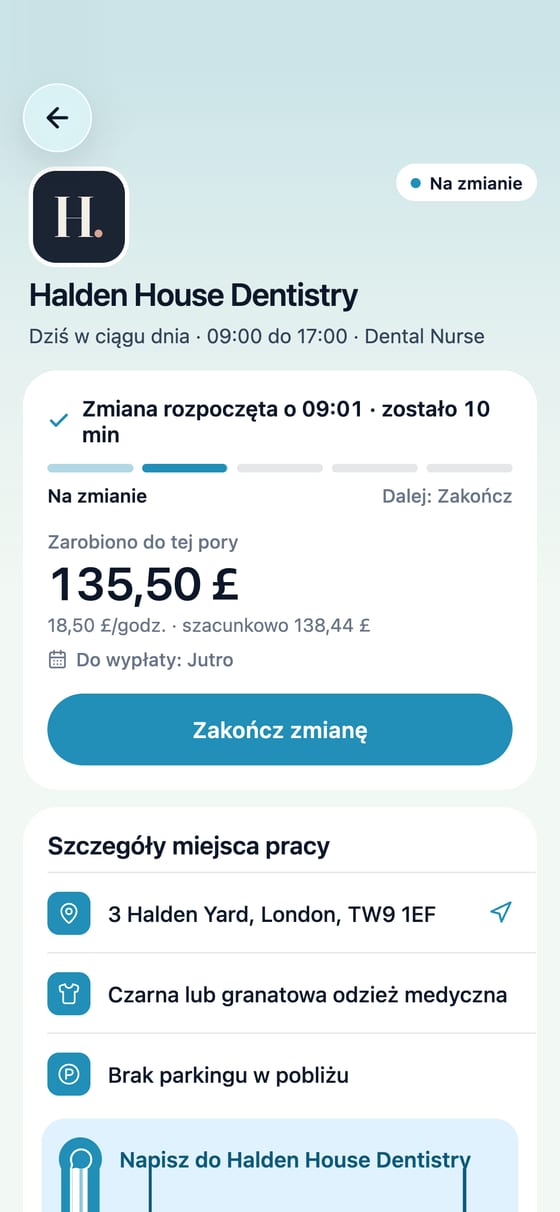 Aplikacja TempDash: zakończenie zmiany i wypłata w portfelu