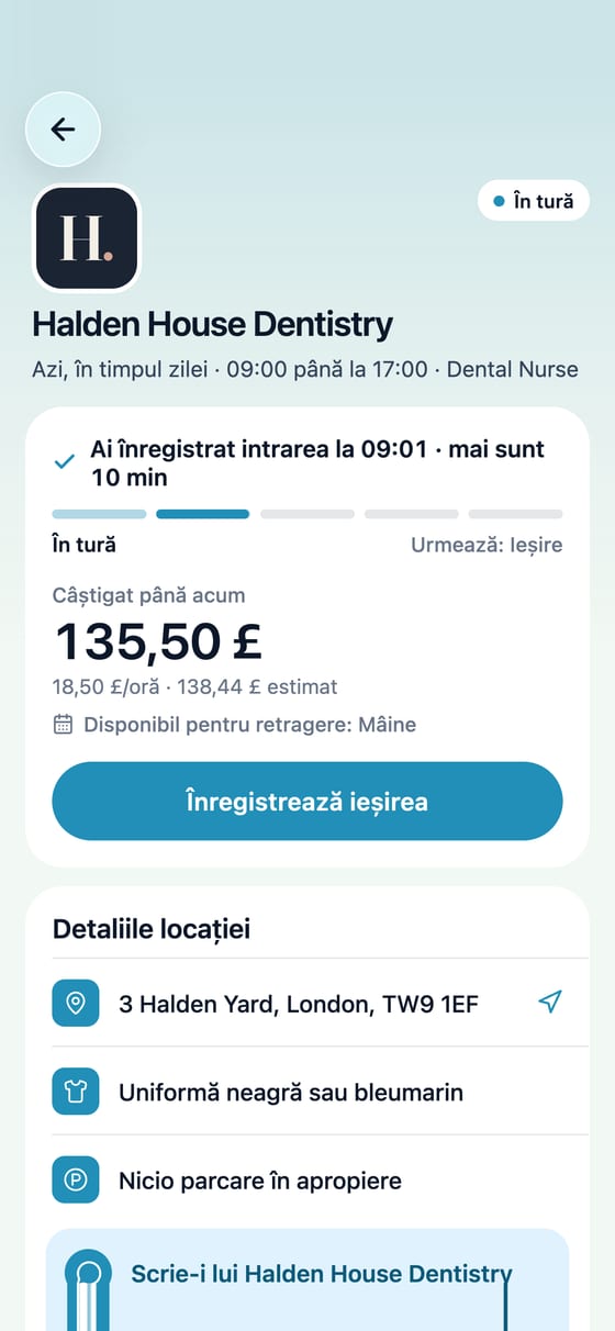 Aplicația TempDash: înregistrarea ieșirii și plata în portofel