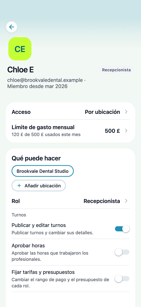 App TempDash Business: lo que puede hacer un miembro del equipo, con su límite de gasto