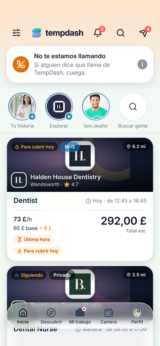App de TempDash: la pantalla de inicio, con una tarjeta que dice que no somos nosotros quienes llaman