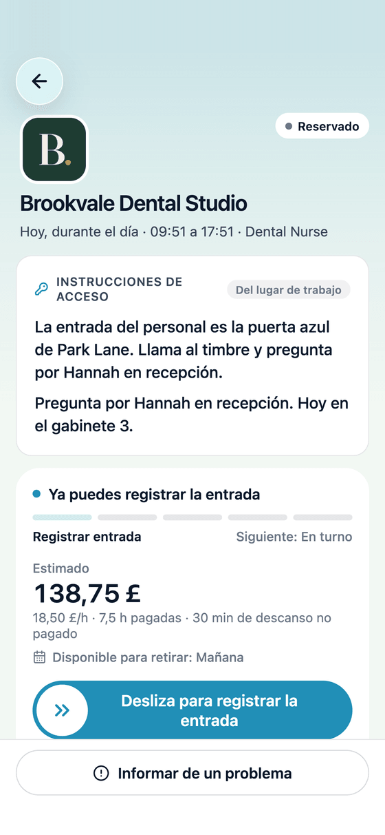 App TempDash: registrando la entrada a un turno