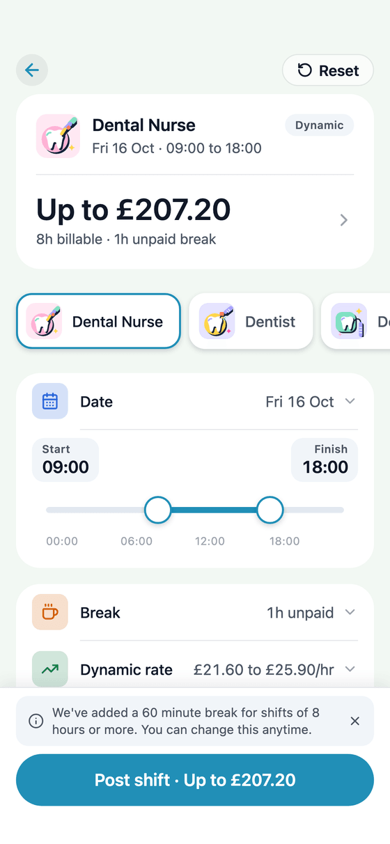 TempDash Business app: posting a dental locum shift