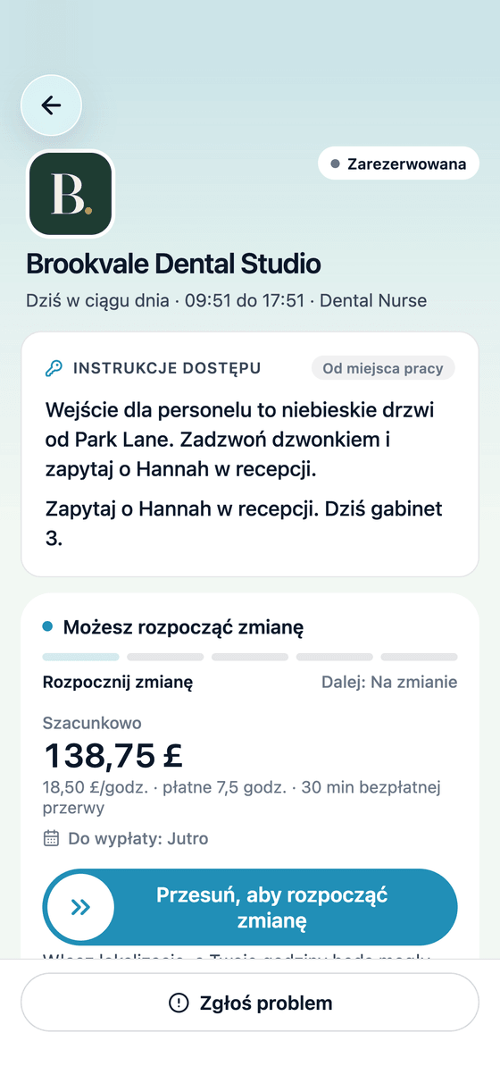 Aplikacja TempDash: rozpoczęcie zmiany