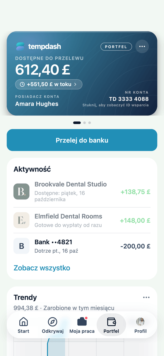 Aplikacja TempDash: portfel z zarobkami