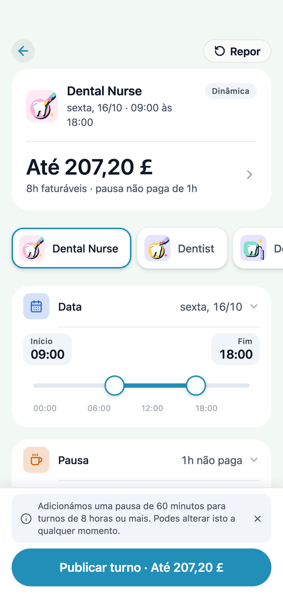 App TempDash Business: a publicar um turno de locum dentário