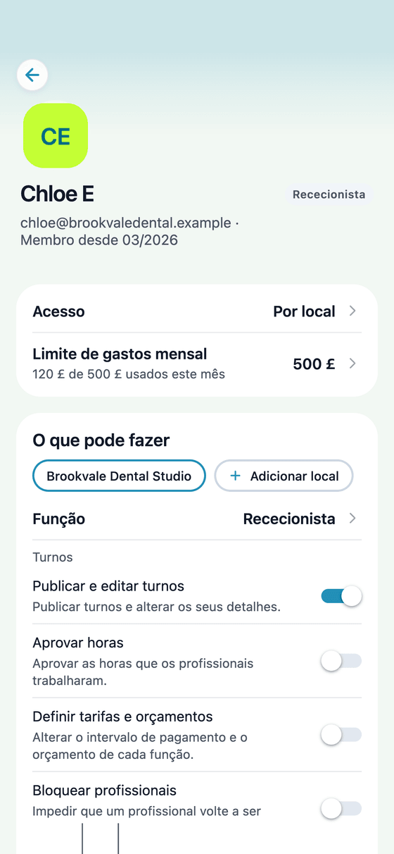 App TempDash Business: o que um membro da equipa pode fazer, com o seu limite de gastos