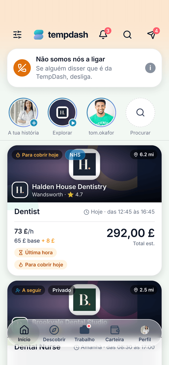 App TempDash: o ecrã inicial, com um cartão a dizer que não somos nós a ligar