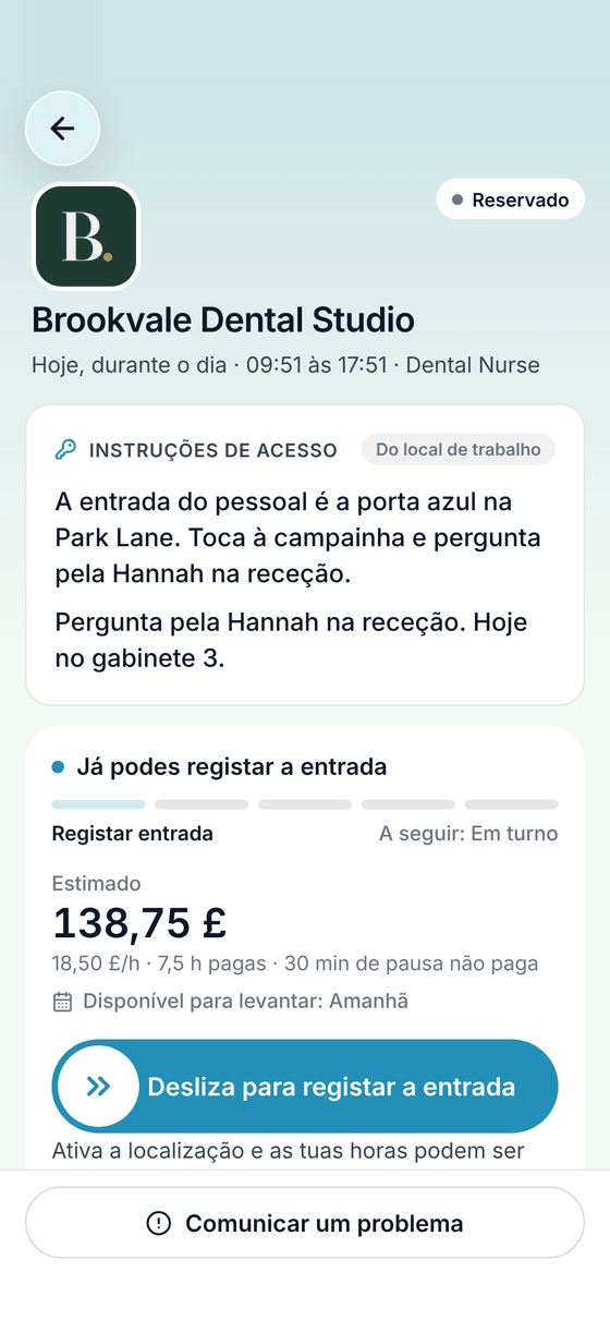 App TempDash: a registar a entrada num turno