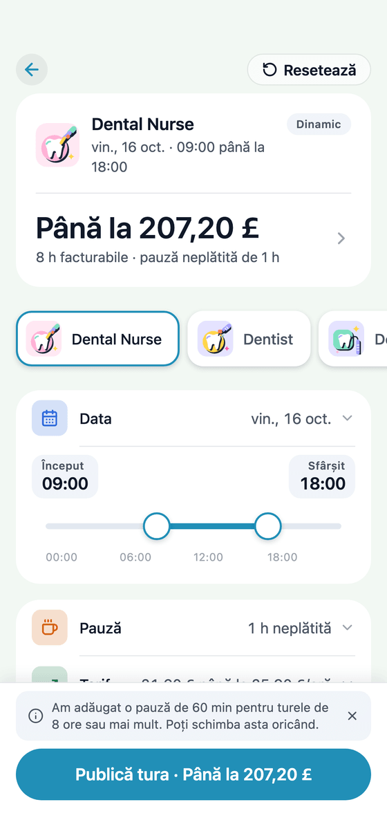 Aplicația TempDash Business: publicarea unei ture locum în stomatologie