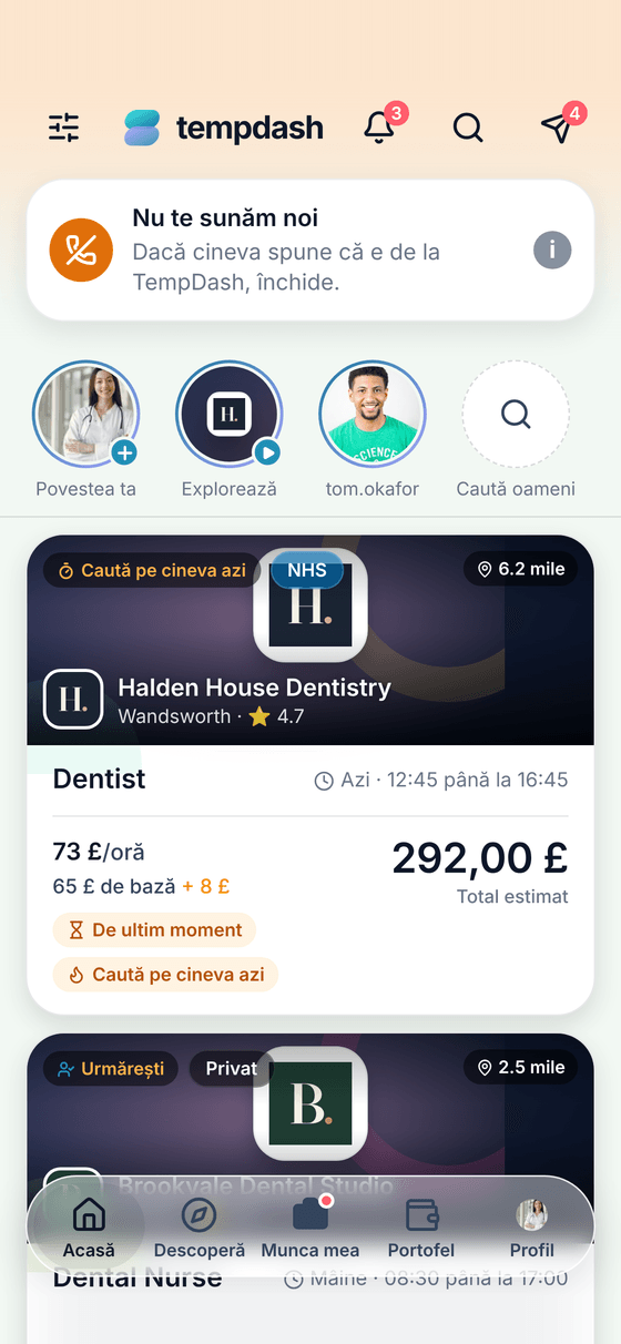 Aplicația TempDash: ecranul principal, cu un card care spune că nu te sunăm noi